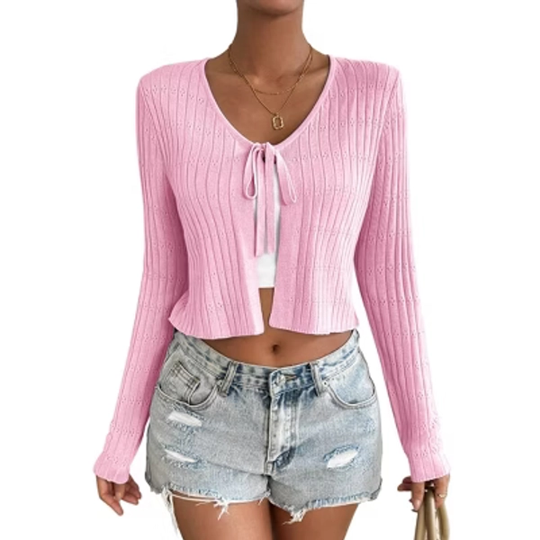 Women's Casual Tie-Front Cardigan - Lightweight Long Sleeve Knit Sweater with Chest Tie Detail Medium Pink S