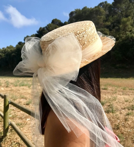 White and beige plumeti canotier - BEIGE VEIL HAT