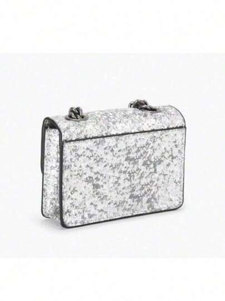 Women's Mini Silver Quilted Crossbody Bag With V-Stitch Embroidery & Chunky Chain Strap, Shiny Evening Purse For Party & Formal Events