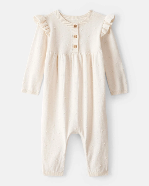 Baby Girl Cotton Long-Sleeve Jumpsuit - Ivory