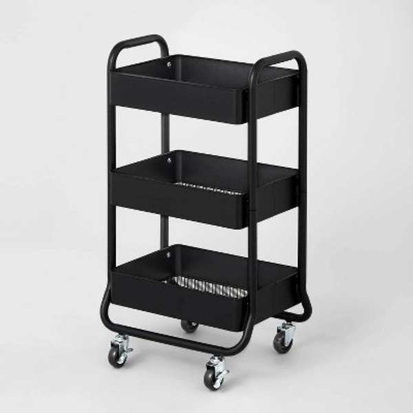 3 Tier Metal Utility Cart Black - Brightroom™: Rolling Storage Trolley with Wheels, Powder-Coated, Rust-Resistant