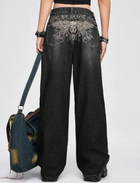Romwe Grunge Punk Wing Skull Embroidery Jeans
