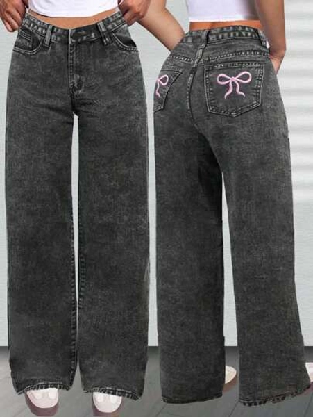Teen Girls' Loose Fit Butterfly Print Denim Wide Leg Pants