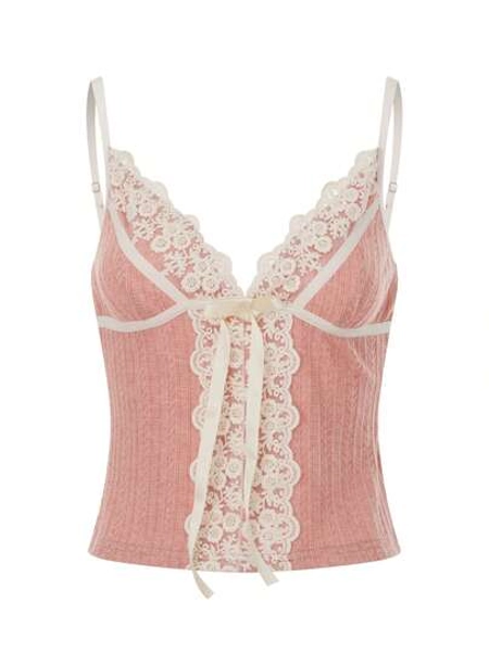 Women's Y2k Knit Cami Tank Top Fairy Lace Trim Bow Front Spaghetti Strap Deep V Neck Slim Fit Camisole Crop Tops Sexy Backless Sleeveless Vest Shirt Summer Cute Going Out Tops
