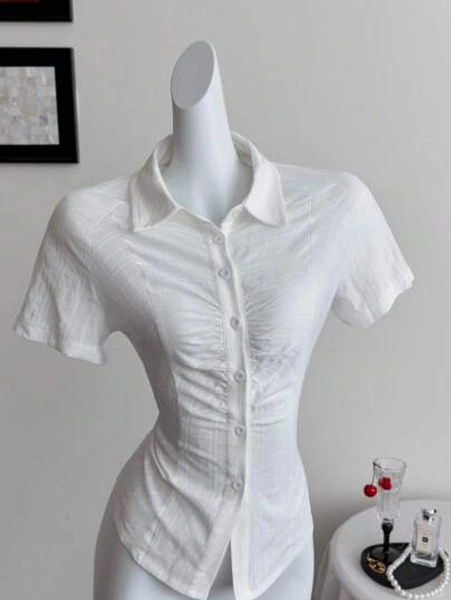 Elamini White Striped Textured Fabric Waist Shirt