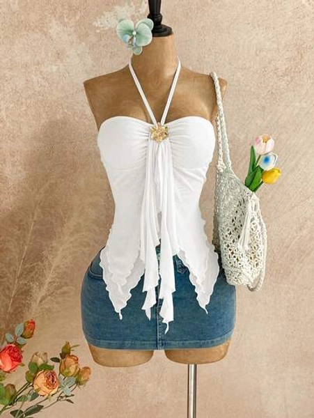 Soleia Women's Asymmetrical Hem Sleeveless Top With Seashell Decor, Suitable For Beach Vacation, Summer Tops Women Summer Beach Tops For Women Sexy Summer Tops Halter Top White Tops For Women Summer And Spring Valentine's Day Carnival Outfit Party Dresses For Women Beach Dress   Going Out Outfits Elegant Dresses For Women Vacation Outfits Casual Dresses Sequin