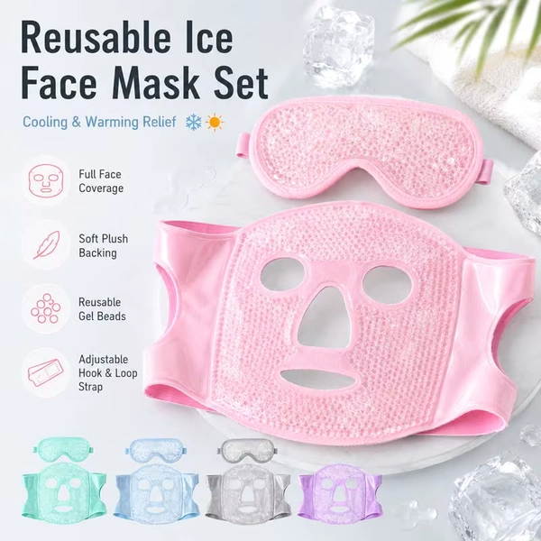 Reusable Ice Face Mask Eye Mask Set Gel Bead Cold Compress Face Masks Facial Cooling Puffiness Relief Adjustable Strap