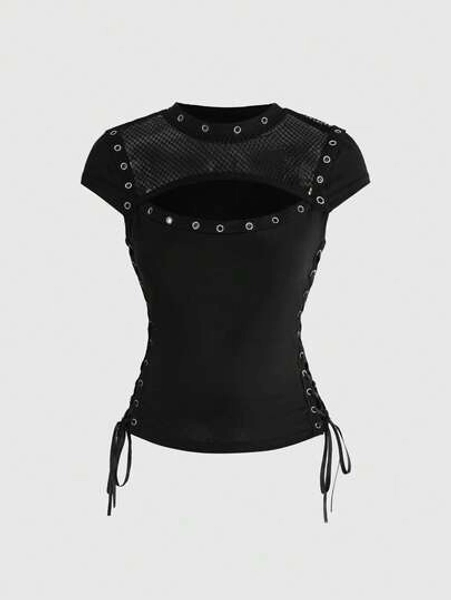 ROMWE Grunge Punk Summer Music Festival Punk Tight Mesh Metal Grommet Lace-Up Design Fitted Women T-Shirt - Size S