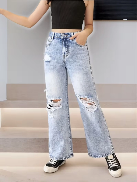 ljusblå slitna högmidjade jeans med elastisk midja och vida - Temu Sweden