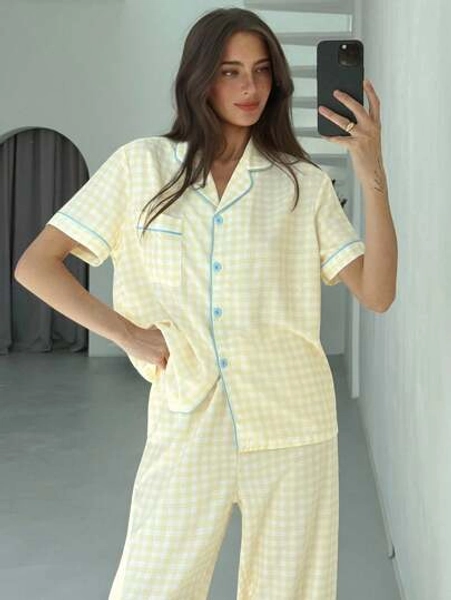 Aloruh Yellow Plaid Print Shirt And Pants Set, Versatile For Home And Outdoor Wear