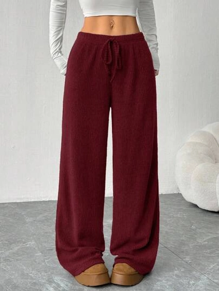 SHEIN EZwear Women's Casual Solid Color Loose Ribbed Pants Knit Pants Comfy Wide Leg Pants Burgundy Wide Leg Pants Wide Leg Knit Pants Women Wide Leg Pants Wide Leg Sweatpants Comfy Pants Burgundy Pants Womens Wide Leg Pants,Fall,Fall Clothes For Women