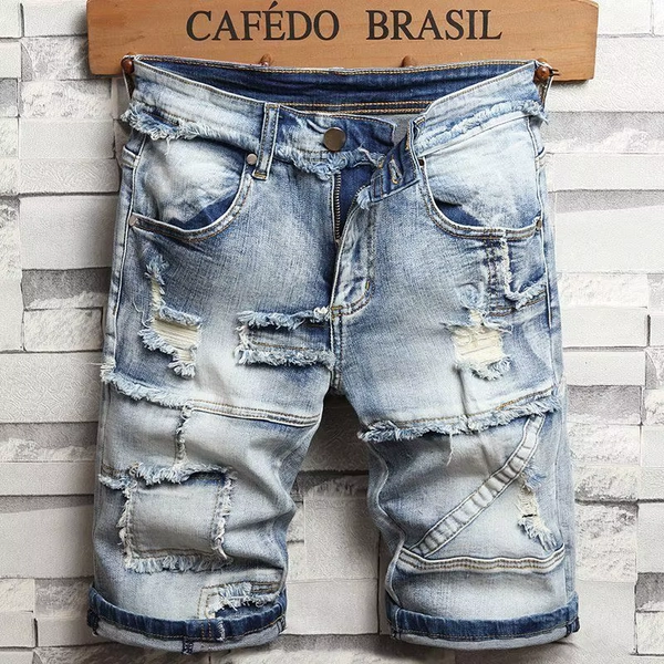 New Vintage Retro Ripped Trendy Brand Denim Shorts Men's Summer Thin Medium Breeches Ripped Cowboy Distressed Short Pants Men - AliExpress 200000343