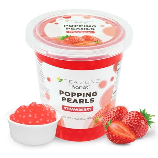 Tea Zone [2 Pound] Strawberry Popping Pearls, Bubble Tea Topping, Vegan & Gluten-Free, Ready-to-Eat for Drinks & Desserts- B2053 (2.0lb)