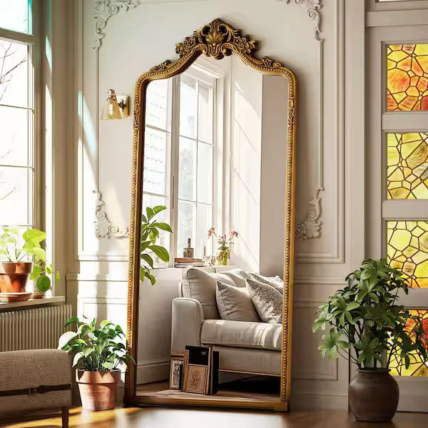 XRAMFY Antique Gold 32 in. W x 71 in. H Arched PU Frame with Ornate Carved Decoration Full Length Mirror Floor Mirror FMPUAC053271GD