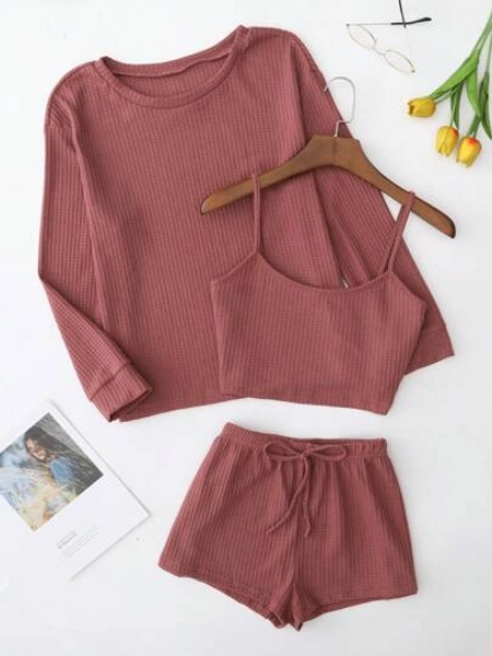 Rose Brown Ribbed Round Neck Long Sleeve Top, Spaghetti Strap Crop Top & Drawstring Shorts Loungewear Three - Piece Set