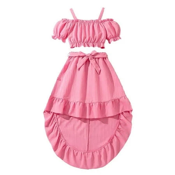 Kids Redarer Girls Off-Shoulder Crop Top & High-Low Skirt Set with Bow Summer 2-Piece Party Outfit