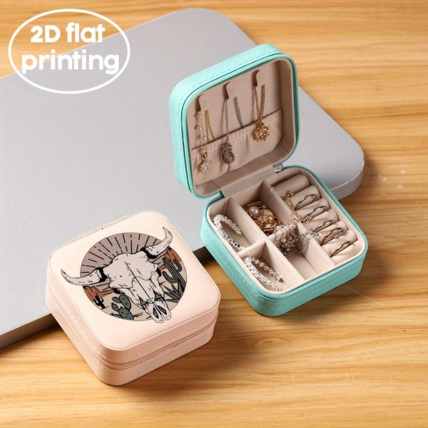 Compact Travel Jewelry Box Organizer Case - Western Cowboy Bull Skull design in Turquoise Blue, Soft Beige Interior Compartments, Portable Jewelry Storage Box for Women, s - Birthday, Anniversary Gifts for Her, Necklace And Earring Organizer, Desert Spirit Design, Fabric Lined Interior