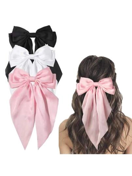 3 Pcs Hair Bows Clips For Women, Black Bow White Bow Pink Bows Bow Hair Clips For Women Ribbons Bow Barrettes Satin Hair Bows Long Tail Clips On Bows Party Hair Accessories, Hair Barrettes Claw Clips, School Stuff, Valentines Accessories, Head Accessories, Hairpin - Size one-size