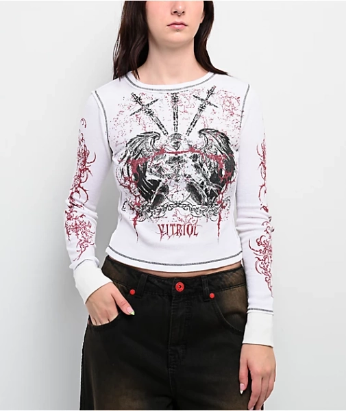 Vitriol Theo White Thermal Long Sleeve Crop T-Shirt