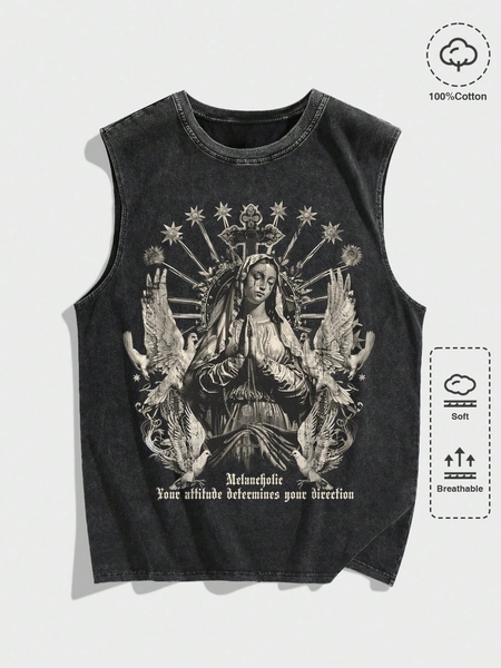 ROMWE MEN Street Life Men's Gothic Cross & Virgin Mary Print Distressed Acid Wash Sleeveless Graphic Tank Top, Halloween, 2000s Style
