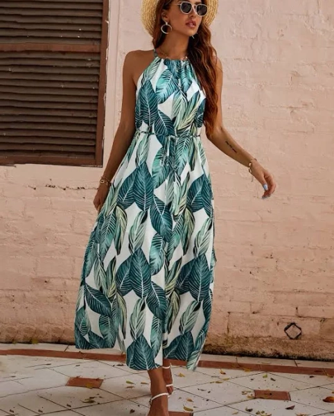SHEIN Tropical Print Tie Front Halter Dress