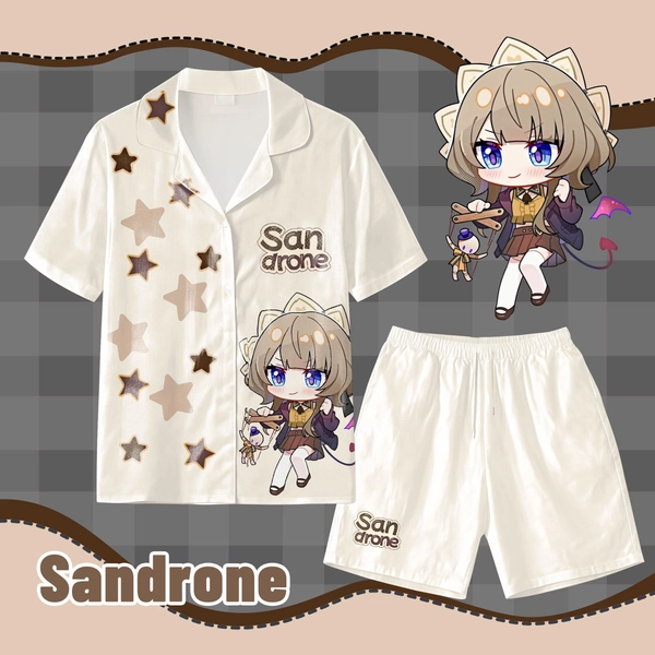 Genshin Impact Sandrone Pajama Set - Cute Anime Character Print Short Sleeve Shirt & Shorts Sleepwear for Anime Fans, Soft Loungewear