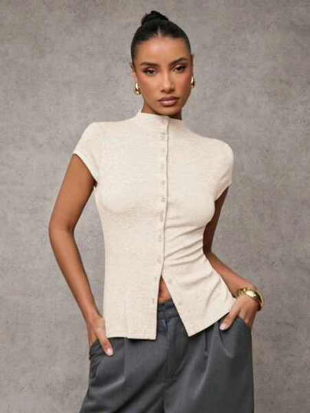 SHEIN BAE Women's Fall Women Solid Color Mock Neck Top Capped Sleeve Single-Breasted Casual Women Top, Button Up Women Jersey Top
