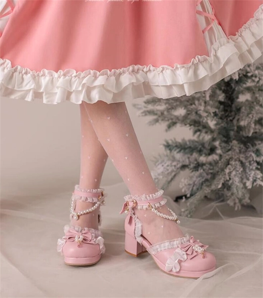 Women Girl Lolita Pearl Bowknot High-Heeled Shoes Princess Shoes