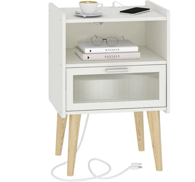 Nightstand with Charging Station, Bedside Tables with Glass Decorative Door, End Table Side Table with 2 Tiers Storage Space, for Bedroom, Living