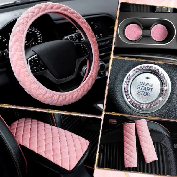 8 count Pink Cute Accessories Set Includes Steering Wheel Cover 2 Belt Pad Auto Center Console Pad 2 Cup Holders 2 Bling Start Button Ring Sticker for