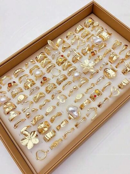 14pcs/12pcs/7pcs/6pcs/5pcs/3pcs Women Elegant Vintage Rings Set, Includes Flower Rings, Faux Pearl Rings, Suitable For Daily Wear, Party, Wedding, Autumn/Winter[Random Delivery]