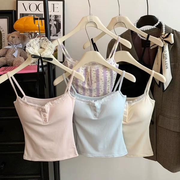 Pure Desire Flocking Lace Edge Button Strap Vest with Chest Pad Exterior Expansion Sexy Inner Match Tight Warm Top - AliExpress 200574005
