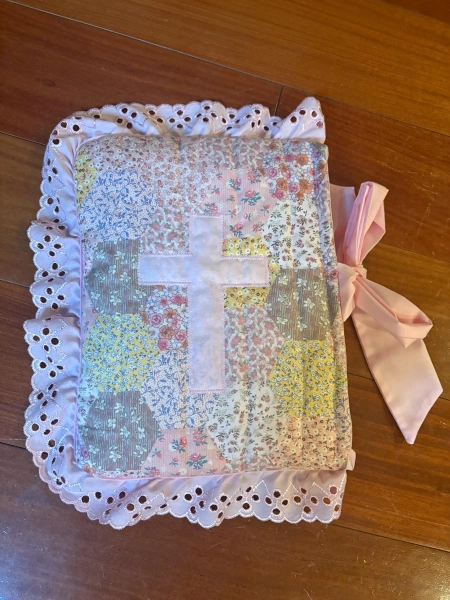 Pink Floral Quilted Bible Cover with cross appliqué and eyelet lace