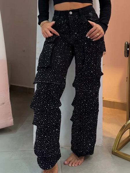 2025 New High Waist Black Rhinestone Multi-Pocket Work Jeans, Street Style, High Quality Fashionable Straight Jeans, a Must-Have. - AliExpress 200000345