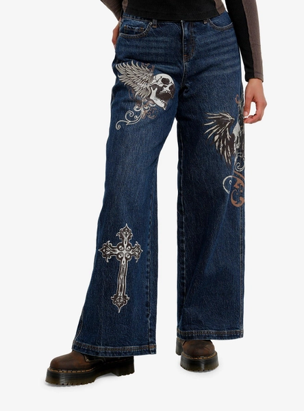 Winged Skull Dark Y2K Wide Leg Jeans