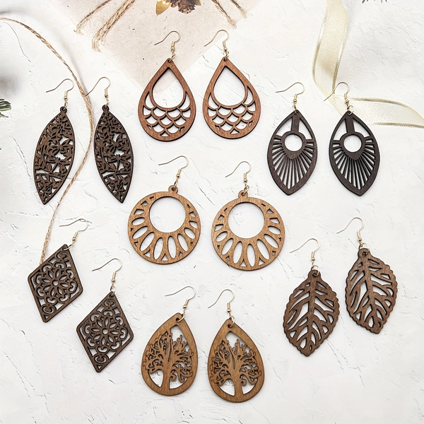 7-Pairs/Lot Women's Bohemian Vintage Wood Earrings - Hollow Wood Ear Studs Suitable for Vacation &amp; Casual Attire - Wood