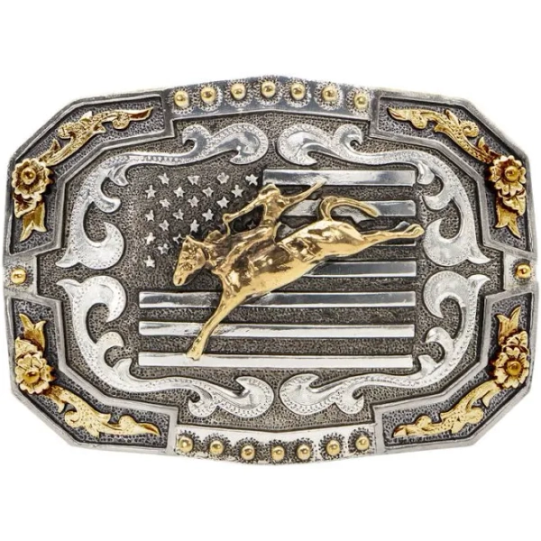 AndWest Etched Silver Flag Gold Scrolling Bronc & Rider Belt Buckle