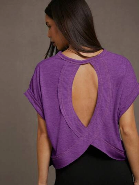 SHEIN Essnce Women's Summer Solid Color Backless Round Neck Short Sleeve Casual T-Shirt