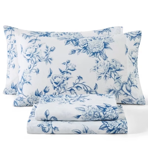 HLC.ME Floral Bed Sheets - Bed Sheet Set - Wrinkle Resistant & Ultra Soft - Fits Mattresses up to 15 Inches Deep - Blue Toile, Queen