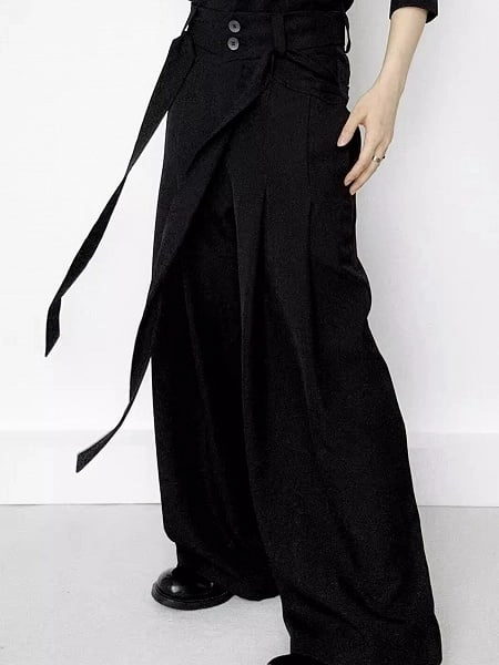 Ouji Lolita Black Wide-Leg Pants with Side Ribbons & Two-Button Fly