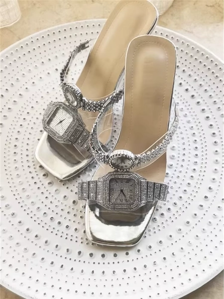Summer new rhinestone watch one-character high-heeled fashion slippers banquet dress transparent thick-heeled women's sandals - AliExpress 322