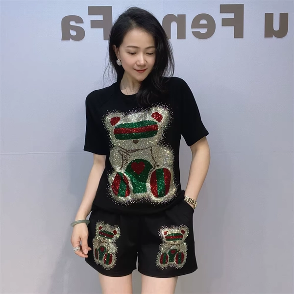 Two Piece Sets Womens Outifits Bear Cartoon Diamonds Summer Clothing Casual Tracksuit Short Sleeve Sports Suit Костюм Женский