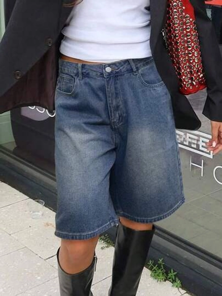 Street Y2K Mid-Rise Loose Fit Slant Pocket Wide Leg Casual Bermuda Denim Shorts Jean Jorts For Spring Summer