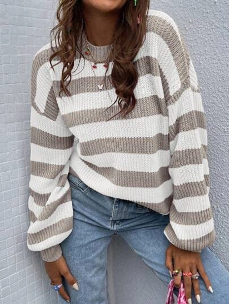 SoleilVie Striped Pattern Drop Shoulder Sweater,Long Sleeve Tops Knit Pullover Fall Winter Outfit