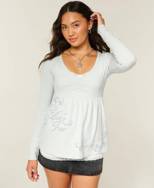 Women's Long-Sleeve Pinch Bust Graphic Babydoll Top
