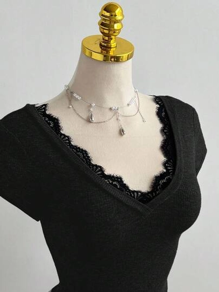 Flirla Casual Lace Patchwork Deep V-Neck Grey Fitted Short Sleeve T-Shirt, Spring/Summer - Size M