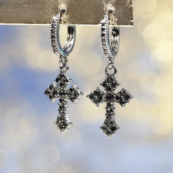 A Pair of Retro Gothic Cross Pendant Hoop Earrings for Both Men And Women, Featuring Dark-Themed Black Rhinestones for a Sparkling Rock Punk Look