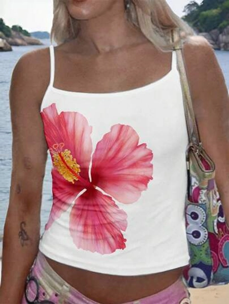 SHEIN EZwear Women Casual Floral Print Sleeveless Slim Fit Camisole, Suitable For Summer