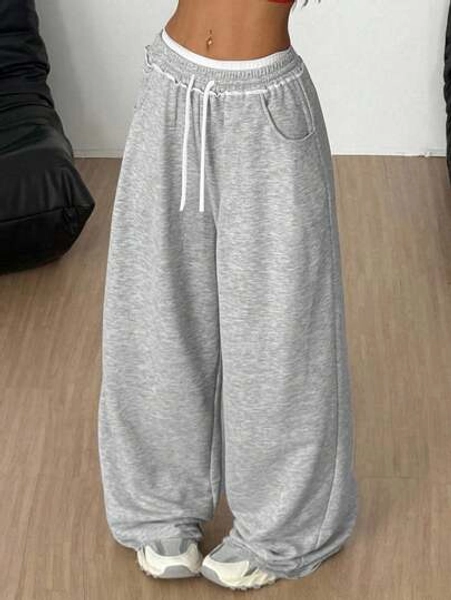 SHEIN Tween Girls' Loose Casual Minimalist Comfortable Mid-Waist Contrast Color Drawstring Decor Sweatpants, Autumn/Winter Fall