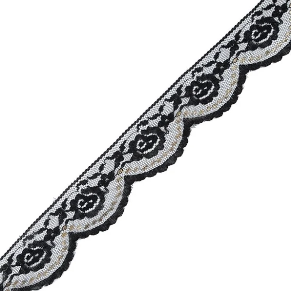 Black and Metallic Gold Scallop Edge Lace Trim
